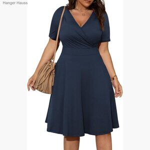 Plus Size Wrap Sundress with Pockets, V-Neck Short Sleeve Midi for Wedding Guest